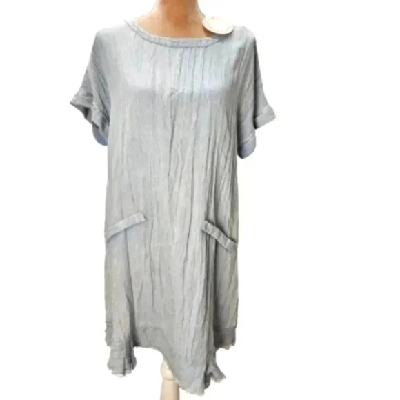 Umgee Blue Chambray Boho Short Sleeve Dress Faux Pockets - Picture 1 of 7